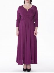 Plus Size Ruched Maxi Formal Dress with Long Sleeves - Purplish Red