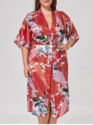 Longline Satin Plus Size Pajama Kimono - Bright Red