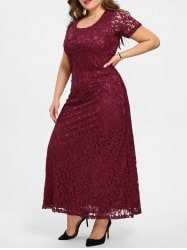 Plus Size Maxi Lace Gown Dress - Burgundy