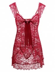 Valentine Lingerie Front Slit Plus Size Lace Babydoll - Claret