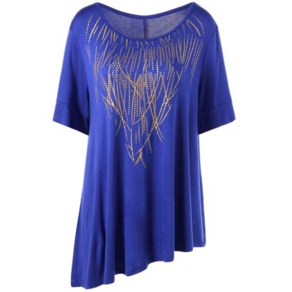 Plus Size Long Asymmetric Graphic T-Shirt - Blue