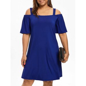 Plus Size Cold Shoulder Half Sleeve Dress - Blue