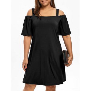 Plus Size Cold Shoulder Half Sleeve Dress - Black