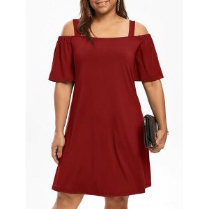 Plus Size Cold Shoulder Half Sleeve Dress - Wine Red