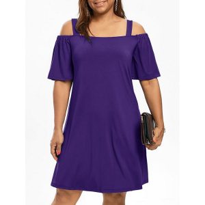 Plus Size Cold Shoulder Half Sleeve Dress - Purple