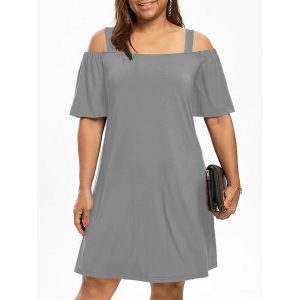 Plus Size Cold Shoulder Half Sleeve Dress - Gray