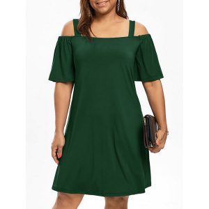 Plus Size Cold Shoulder Half Sleeve Dress - Blackish Green