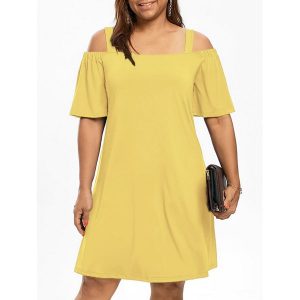 Plus Size Cold Shoulder Half Sleeve Dress - Yellow