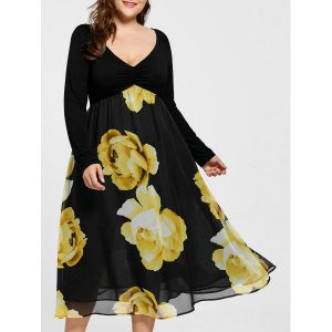 Empire Waist Floral Plus Size Midi Dress - Yellow