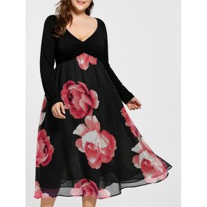 Empire Waist Floral Plus Size Midi Dress - Red