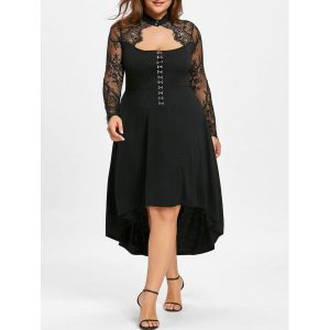 Plus Size Lace Up Dip Hem Keyhole Dress - Black