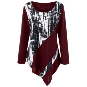 Plus Size Monochrome Asymmetric Tunic T-shirt - Dark Red