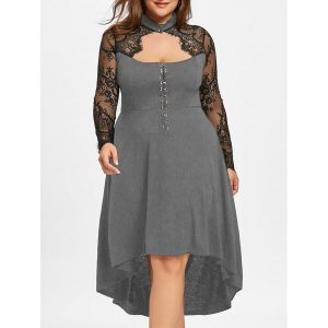 Plus Size Lace Up Dip Hem Keyhole Dress - Heather Gray