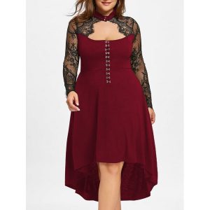 Plus Size Lace Up Dip Hem Keyhole Dress - Wine Red