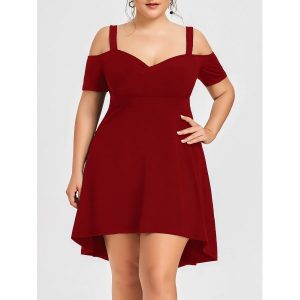 Plus Size Sweetheart Neck High Low Dress - Red