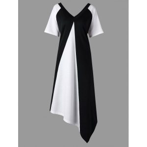 Plus Size Asymmetrical Color Block Tee Dress - Black