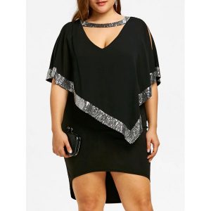 Plus Size Sequined Capelet Dress - Black