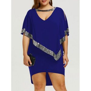 Plus Size Sequined Capelet Dress - Blue