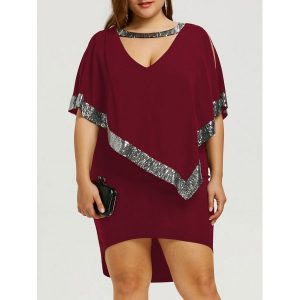 Plus Size Sequined Capelet Dress - Wine Red