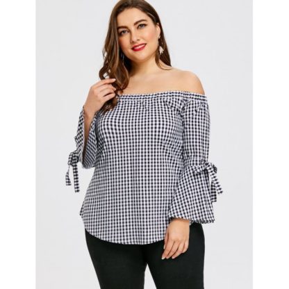 Off The Shoulder Plaid Plus Size Tunic - Checked