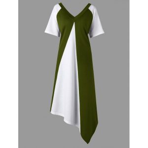 Plus Size Asymmetrical Color Block Tee Dress - Army Green