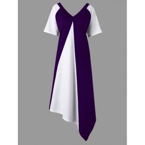 Plus Size Asymmetrical Color Block Tee Dress - Purple