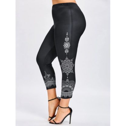 Plus Size Elastic Waist Ethnic Print Leggings - Black