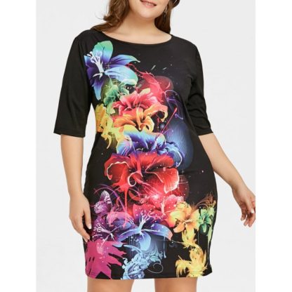 Plus Size Flower Tunic Dress - Black