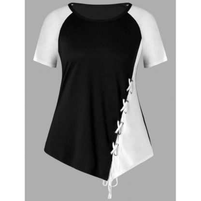 Plus Size Lace Up Contrast Color T-shirt - Black White
