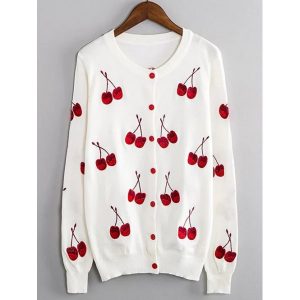 Cherry Embroidered Buttoned Knitted Cardigan - White