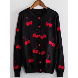 Cherry Embroidered Buttoned Knitted Cardigan - Black