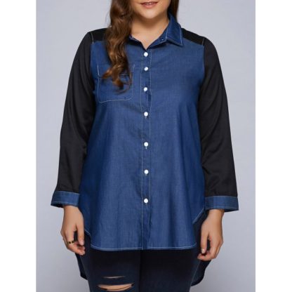 Plus Size Patchwork High-Low Dark Denim Long Shirt - Blue