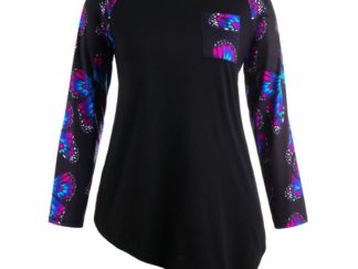 Butterfly Raglan Sleeve Plus Size Asymmetrical T-Shirt - Black