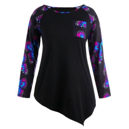 Butterfly Raglan Sleeve Plus Size Asymmetrical T-Shirt - Black