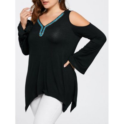 Plus Size Beads Cold Shoulder Asymmetric Top - Black