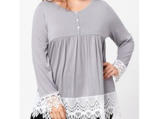 Plus Size Lace Trim Babydoll Top - Light Gray