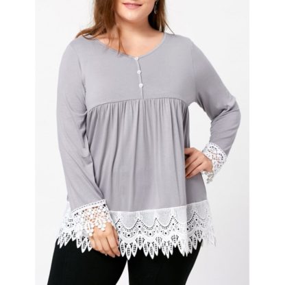 Plus Size Lace Trim Babydoll Top - Light Gray