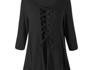 Plus Size Lace Panel Lace Up T-shirt