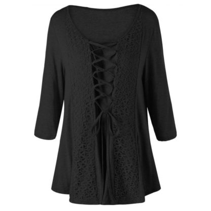 Plus Size Lace Panel Lace Up T-shirt