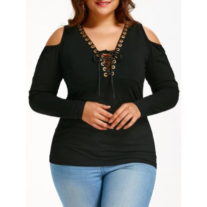 Plus Size Lace Up Cold Shoulder T-shirt