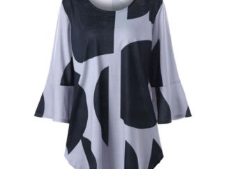 Plus Size Flare Sleeve Curved Hem Top - Black And Grey