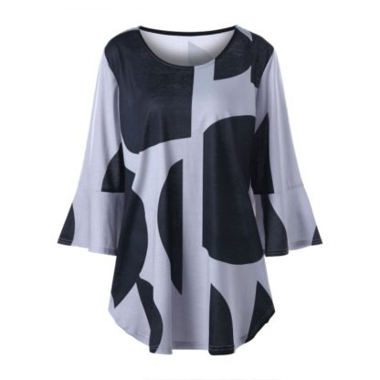 Plus Size Flare Sleeve Curved Hem Top - Black And Grey