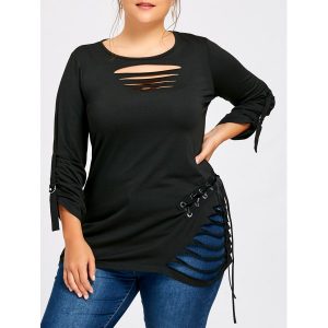 Plus Size Lace Up Ripped Top - Black