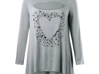 Heart Print Plus Size Cut Out Tunic Top - Gray