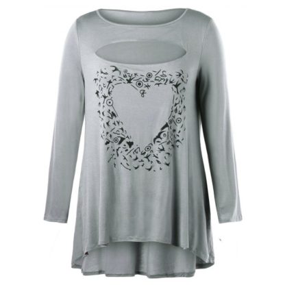Heart Print Plus Size Cut Out Tunic Top - Gray