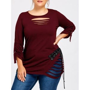 Plus Size Lace Up Ripped Top - Wine Red
