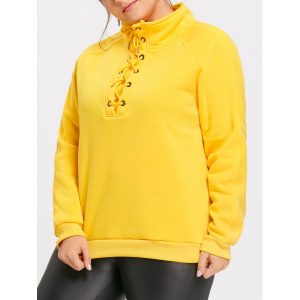Plus Size Fleece Lined Lace Up Sweatshirt - Yellow
