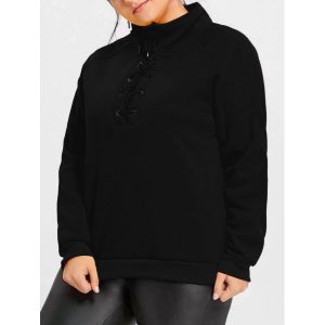 Plus Size Fleece Lined Lace Up Sweatshirt - Black