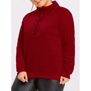 Plus Size Fleece Lined Lace Up Sweatshirt - Deep Red
