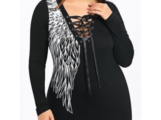 Plus Size Wings Print Lattice Front Top